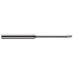 Ball End Mill: 0.01″ Dia, 0.015″ LOC, 3 Flute, Solid Carbide 2-1/2″ OAL, 1/8″ Shank Dia, 30 ° Helix, Uncoated, Single End