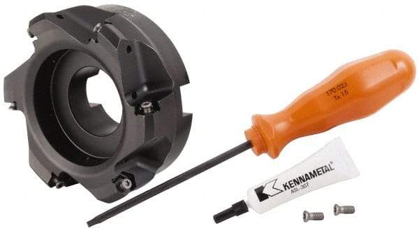 Kennametal - 4" Cut Diam, 1-1/2" Arbor Hole, 3.23mm Max Depth of Cut, 45° Indexable Chamfer & Angle Face Mill - 6 Inserts, HNGJ 0604... Insert, Right Hand Cut, 6 Flutes, Through Coolant, Series Dodeka Mini - USA Tool & Supply