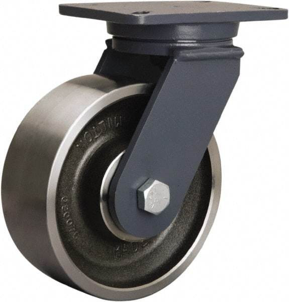 Hamilton - 8" Diam x 3" Wide x 10-1/2" OAH Top Plate Mount Swivel Caster - Forged Steel, 3,500 Lb Capacity, Precision Ball Bearing, 5-1/4 x 7-1/4" Plate - USA Tool & Supply