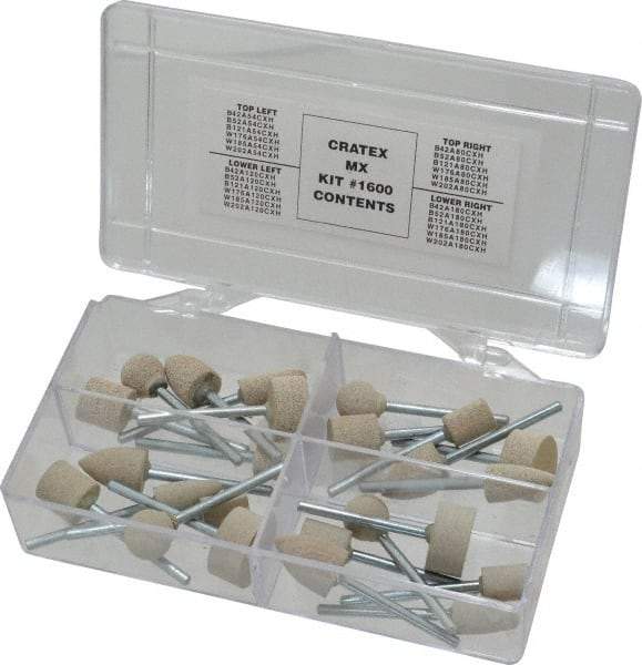 Cratex - 28 Piece Rubber Mounted Abrasive Wheel Set - Includes Shapes B121, B42, B52, W176, W185 & W202 - USA Tool & Supply