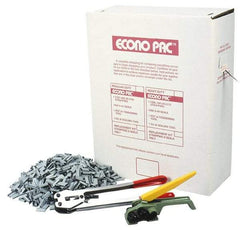 Value Collection - 9,000 Inch Long x 1/2 Inch Wide x 0.015 Inch Thick, Heavy Duty Polyproylene Strapping Kit - 400 Lbs Tensile Strength, Contains Self Dispensing Box, White Polypropylene Strapping, 1000 Seals, Tensioner Tool and Crimper Tool - USA Tool & Supply