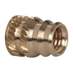 E-Z LOK - #10-32, 0.246" Small to 0.277" Large End Hole Diam, Brass Double Vane Tapered Hole Threaded Insert - 19/64" Insert, 1/4" Pilot Diam, 3/8" OAL, 0.159" Min Wall Thickness - USA Tool & Supply