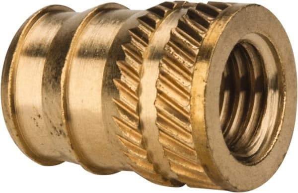 E-Z LOK - 1/4-28, 0.321" Small to 0.363" Large End Hole Diam, Brass Double Vane Tapered Hole Threaded Insert - 3/8" Insert, 0.332" Pilot Diam, 1/2" OAL, 0.194" Min Wall Thickness - USA Tool & Supply