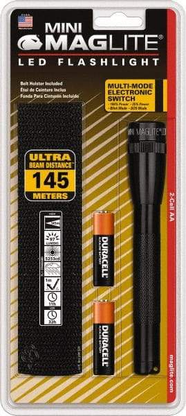 Mag-Lite - White LED Bulb, 97 Lumens, Mini Flashlight - Black Aluminum Body, 2 AA Alkaline Batteries Included - USA Tool & Supply