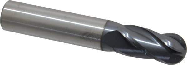 SGS - 1/2" Diam, 1" LOC, 4 Flute Solid Carbide Ball End Mill - AlTiN Finish, Single End, 3" OAL, 1/2" Shank Diam, Spiral Flute - USA Tool & Supply
