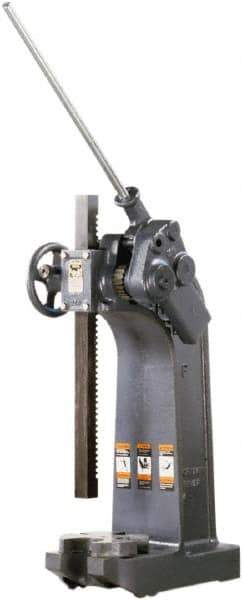 Dake - 1-1/2" Ram, 7-3/4" Throat Depth, 6 Ton Manual Arbor Press - 20-1/4" Max Work Height x 15-1/2" Max Work Width, Compound Leverage, 66:1 Leverage Ratio, 8-1/4" Base Width x 20" Base Depth - USA Tool & Supply