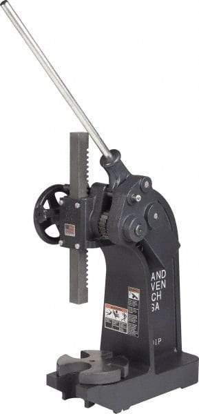 Dake - 1-1/2" Ram, 7-3/4" Throat Depth, 6 Ton Manual Arbor Press - 13-3/4" Max Work Height x 15-1/2" Max Work Width, Compound Leverage, 66:1 Leverage Ratio, 8-1/4" Base Width x 20" Base Depth - USA Tool & Supply