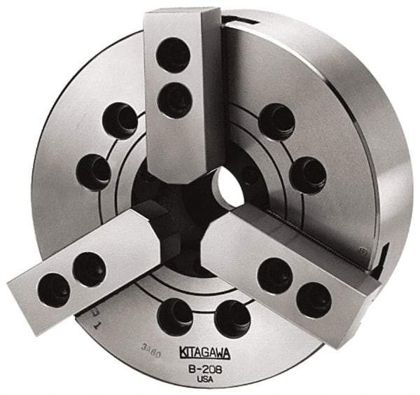 Kitagawa - 3 Jaws, 12" Chuck Diam, Plain Back Mount, 3.5827" Through Hole, Drawbar, Hydraulic Power Lathe Chuck - 31,718 Lb Force per Jaw, 1.5mm x 60 Serrated Jaw Interface, 34mm to 304mm Jaw Capacity, 3,300 RPM, High Speed Steel Body - USA Tool & Supply