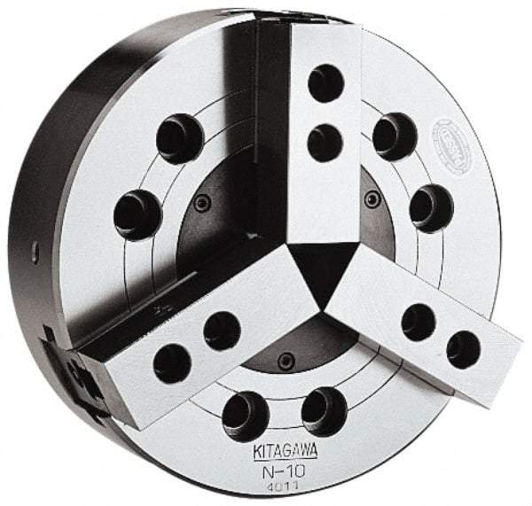 Kitagawa - 3 Jaws, 8" Chuck Diam, Plain Back Mount, Drawbar, Air, Hydraulic Power Lathe Chuck - 16,826 Lb Force per Jaw, 1.5mm x 60 Serrated Jaw Interface, 23mm to 210mm Jaw Capacity, 4,760 RPM, Steel Body - USA Tool & Supply