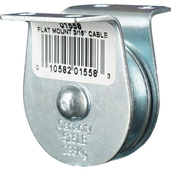 Block Division - 525 Lbs. Load Limit, Flat Standard Block - Upright Mount, Single Sheave, 1-1/2 Inch Outside Diameter, Wire Rope, 3/16 Inch Diameter, Eye, 5/8 Inch Inside Diameter, Carbon Steel, Zinc Plated Finish - USA Tool & Supply