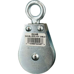 Block Division - 600 Lbs. Load Limit, Swivel Eye Standard Block - Single Sheave, 2 Inch Outside Diameter, Wire Rope, 3/16 Inch Diameter, Eye, 5/8 Inch Inside Diameter, Carbon Steel, Zinc Plated Finish - USA Tool & Supply