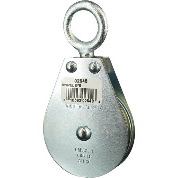 Block Division - 685 Lbs. Load Limit, Swivel Eye Standard Block - Single Sheave, 2-1/2 Inch Outside Diameter, Wire Rope, 1/4 Inch Diameter, Eye, 7/8 Inch Inside Diameter, Carbon Steel, Zinc Plated Finish - USA Tool & Supply