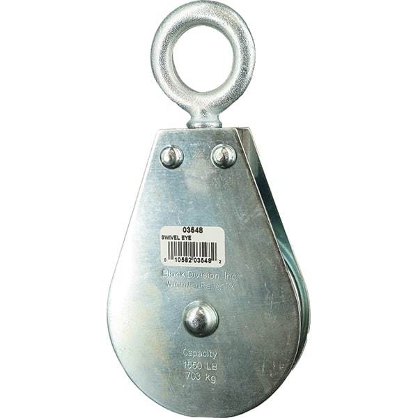 Block Division - 1, 550 Lbs. Load Limit, Swivel Eye Standard Block - Single Sheave, 3-1/2 Inch Outside Diameter, Wire Rope, 3/8 Inch Diameter, Eye, 1-1/8 Inch Inside Diameter, Carbon Steel, Zinc Plated Finish - USA Tool & Supply