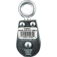 Block Division - 525 Lbs. Load Limit, Swivel Eye Standard Block - Double Sheave, 1-1/2 Inch Outside Diameter, Wire Rope, 3/16 Inch Diameter, Eye, 5/8 Inch Inside Diameter, Carbon Steel, Zinc Plated Finish - USA Tool & Supply