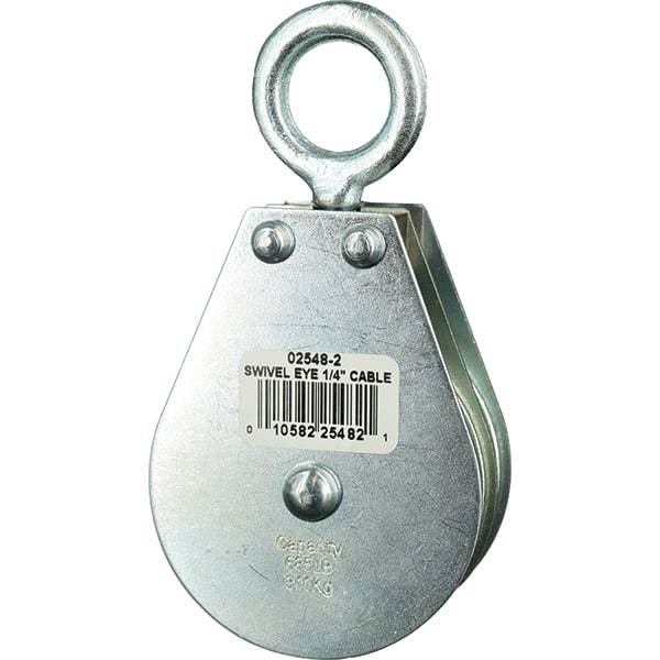 Block Division - 685 Lbs. Load Limit, Swivel Eye Standard Block - Double Sheave, 2-1/2 Inch Outside Diameter, Wire Rope, 1/4 Inch Diameter, Eye, 7/8 Inch Inside Diameter, Carbon Steel, Zinc Plated Finish - USA Tool & Supply