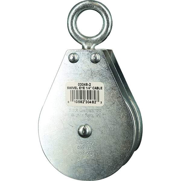 Block Division - 800 Lbs. Load Limit, Swivel Eye Standard Block - Double Sheave, 3 Inch Outside Diameter, Wire Rope, 1/4 Inch Diameter, Eye, 7/8 Inch Inside Diameter, Carbon Steel, Zinc Plated Finish - USA Tool & Supply