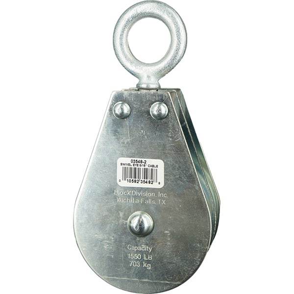 Block Division - 1, 550 Lbs. Load Limit, Swivel Eye Standard Block - Double Sheave, 3-1/2 Inch Outside Diameter, Wire Rope, 5/16 Inch Diameter, Eye, 1-3/16 Inch Inside Diameter, Carbon Steel, Zinc Plated Finish - USA Tool & Supply