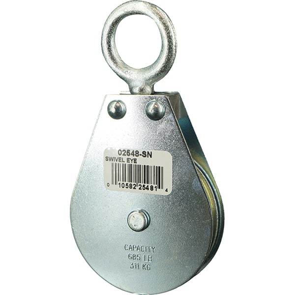 Block Division - 685 Lbs. Load Limit, Swivel Eye Snatch Block - Single Sheave, 2-1/2 Inch Outside Diameter, Wire Rope, 1/4 Inch Diameter, Eye, 7/8 Inch Inside Diameter, Carbon Steel, Zinc Plated Finish - USA Tool & Supply