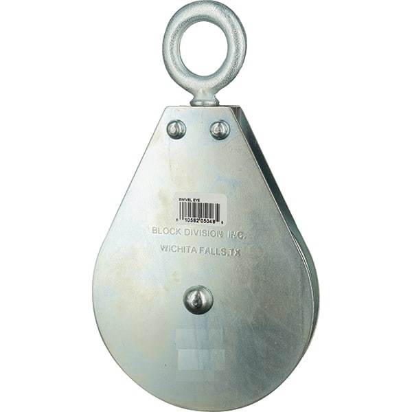 Block Division - 640 Lbs. Load Limit, Swivel Eye Snatch Block - Single Sheave, 3 Inch Outside Diameter, Wire Rope, 1/4 Inch Diameter, Eye, 7/8 Inch Inside Diameter, Carbon Steel, Zinc Plated Finish - USA Tool & Supply