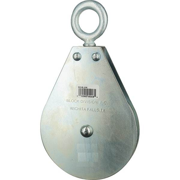 Block Division - 1, 550 Lbs. Load Limit, Swivel Eye Snatch Block - Single Sheave, 3-5/8 Inch Outside Diameter, Wire Rope, 3/8 Inch Diameter, Eye, 1-1/8 Inch Inside Diameter, Carbon Steel, Zinc Plated Finish - USA Tool & Supply