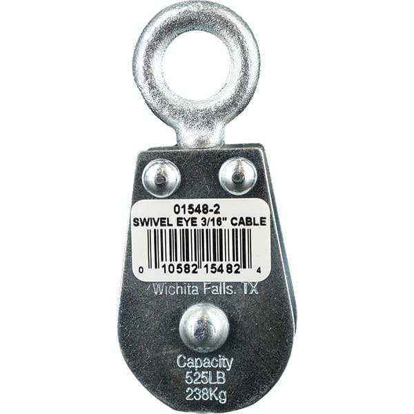 Block Division - 525 Lbs. Load Limit, Swivel Eye Snatch Block - Double Sheave, 1-5/8 Inch Outside Diameter, Wire Rope, 3/16 Inch Diameter, Eye, 5/8 Inch Inside Diameter, Carbon Steel, Zinc Plated Finish - USA Tool & Supply