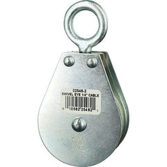 Block Division - 685 Lbs. Load Limit, Swivel Eye Snatch Block - Double Sheave, 2-1/2 Inch Outside Diameter, Wire Rope, 1/4 Inch Diameter, Eye, 7/8 Inch Inside Diameter, Carbon Steel, Zinc Plated Finish - USA Tool & Supply