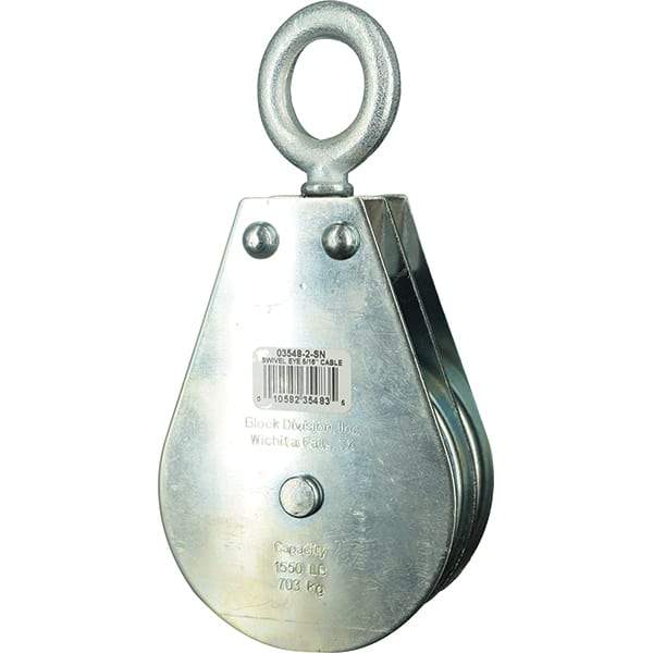 Block Division - 1, 550 Lbs. Load Limit, Swivel Eye Snatch Block - Double Sheave, 3-3/4 Inch Outside Diameter, Wire Rope, 5/16 Inch Diameter, Eye, 1-3/16 Inch Inside Diameter, Carbon Steel, Zinc Plated Finish - USA Tool & Supply