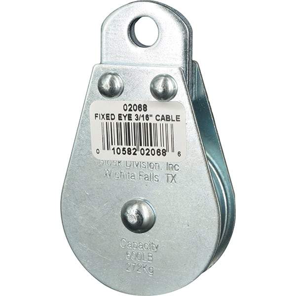 Block Division - 600 Lbs. Load Limit, Rigid Eye Block - Single Sheave, 2 Inch Outside Diameter, Wire Rope, 3/16 Inch Diameter, Eye, 3/8 Inch Inside Diameter, Carbon Steel, Zinc Plated Finish - USA Tool & Supply