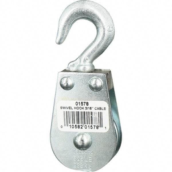 Block Division - 525 Lbs. Load Limit, Swivel Hook Block - Single Sheave, 1-1/2 Inch Outside Diameter, Wire Rope, 3/16 Inch Diameter, Eye, 3/8 Inch Inside Diameter, Carbon Steel, Zinc Plated Finish - USA Tool & Supply