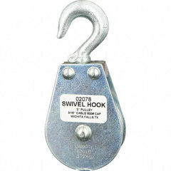 Block Division - 600 Lbs. Load Limit, Swivel Hook Block - Single Sheave, 2 Inch Outside Diameter, Wire Rope, 3/16 Inch Diameter, Eye, 3/8 Inch Inside Diameter, Carbon Steel, Zinc Plated Finish - USA Tool & Supply