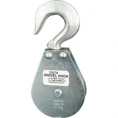 Block Division - 685 Lbs. Load Limit, Swivel Hook Block - Single Sheave, 2-1/2 Inch Outside Diameter, Wire Rope, 1/4 Inch Diameter, Eye, 3/8 Inch Inside Diameter, Carbon Steel, Zinc Plated Finish - USA Tool & Supply