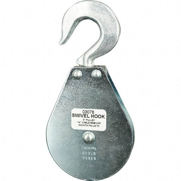 Block Division - 800 Lbs. Load Limit, Swivel Hook Block - Single Sheave, 3 Inch Outside Diameter, Wire Rope, 1/4 Inch Diameter, Eye, 3/8 Inch Inside Diameter, Carbon Steel, Zinc Plated Finish - USA Tool & Supply