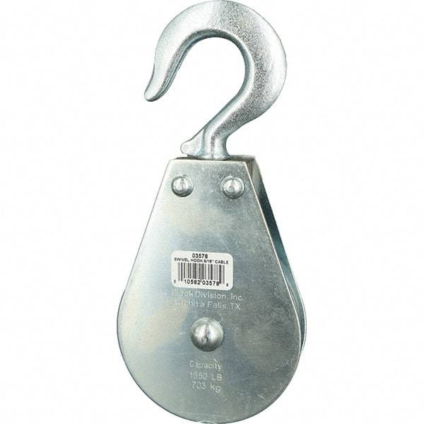 Block Division - 1, 550 Lbs. Load Limit, Swivel Hook Block - Single Sheave, 3-1/2 Inch Outside Diameter, Wire Rope, 5/16 Inch Diameter, Eye, 9/16 Inch Inside Diameter, Carbon Steel, Zinc Plated Finish - USA Tool & Supply