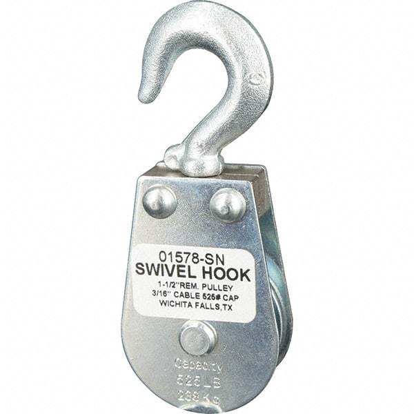 Block Division - 525 Lbs. Load Limit, Swivel Hook Block - Single Sheave, 1-5/8 Inch Outside Diameter, Wire Rope, 3/16 Inch Diameter, Eye, 3/8 Inch Inside Diameter, Carbon Steel, Zinc Plated Finish - USA Tool & Supply