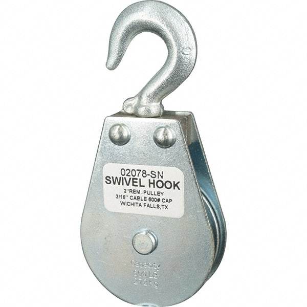 Block Division - 600 Lbs. Load Limit, Swivel Hook Block - Single Sheave, 2-1/8 Inch Outside Diameter, Wire Rope, 3/16 Inch Diameter, Eye, 3/8 Inch Inside Diameter, Carbon Steel, Zinc Plated Finish - USA Tool & Supply