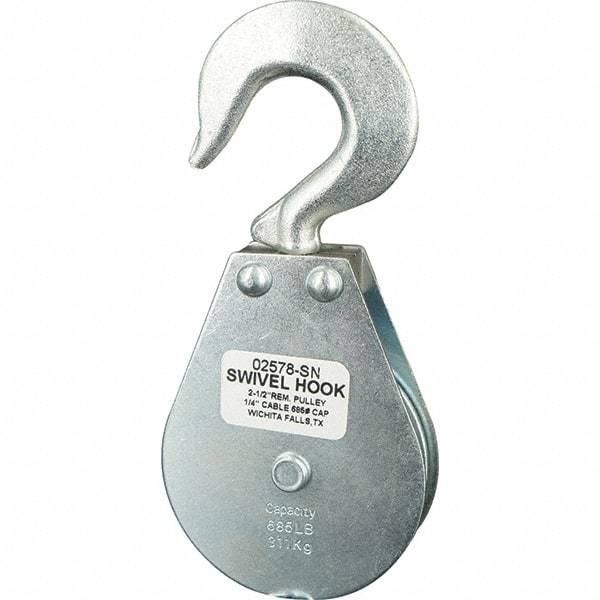 Block Division - 685 Lbs. Load Limit, Swivel Hook Block - Single Sheave, 2-5/8 Inch Outside Diameter, Wire Rope, 1/4 Inch Diameter, Eye, 3/8 Inch Inside Diameter, Carbon Steel, Zinc Plated Finish - USA Tool & Supply