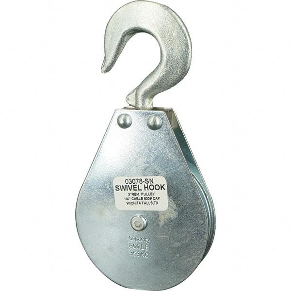 Block Division - 800 Lbs. Load Limit, Swivel Hook Block - Single Sheave, 3-1/8 Inch Outside Diameter, Wire Rope, 1/4 Inch Diameter, Eye, 3/8 Inch Inside Diameter, Carbon Steel, Zinc Plated Finish - USA Tool & Supply