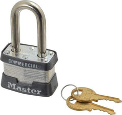 Master Lock - 1-1/2" Shackle Clearance, Keyed Different Padlock - 5/8" Shackle Width, 9/32" Shackle Diam, Laminated Steel - USA Tool & Supply