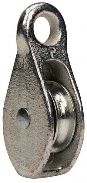 Value Collection - Rigid Eye Single Sheave Pulley - Sheave, 1-1/2 Inch Outside Diameter, Fibrous Rope, 3/8 Inch Diameter, Malleable Iron, Galvanized Finish - USA Tool & Supply