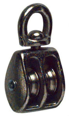 Value Collection - Swivel Eye Double Sheave Pulley - Sheave, 1 Inch Outside Diameter, Fibrous Rope, 1/4 Inch Diameter, Gray Iron, Nickel Plated Finish - USA Tool & Supply