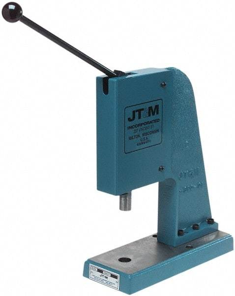 JT&M - 1" Ram, 4-3/4" Throat Depth, 2 Ton Manual Arbor Press - 5-15/16" Max Work Height x 9-1/2" Max Work Width, 5" Base Width x 13" Base Depth - USA Tool & Supply