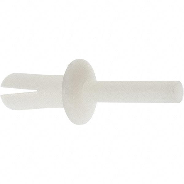 Made in USA - Truss Head Nylon Push Mount Blind Rivet - Nylon Mandrel, 0.281" to 1/2" Grip, 0.468" Head Diam, 1/4" Max Hole Diam, 0.62" Length Under Head, 0.15" Body Diam - USA Tool & Supply