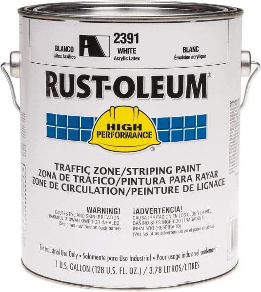 Rust-Oleum - 1 Gallon White Water Based Striping Paint - 410 Linear Ft. at 4 Inch Wide, <100 VOC Compliant, 30 Minutes Tack Free Dry Time, 8 Hrs Recoat Dry Time - USA Tool & Supply