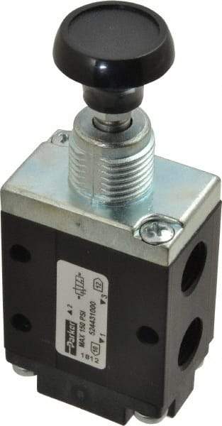 Parker - 0.83 CV Rate, 1/4" NPT Inlet Direct Air 4 Mechanical Spool Valve - 3 Way, 2 Position NC, 150 Max psi, Button Manual Return - USA Tool & Supply