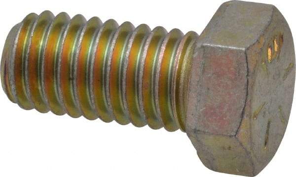 Made in USA - 7/16-14 UNC, 7/8" Length Under Head Hex Head Cap Screw - Fully Threaded, Grade 8 Alloy Steel, Zinc Yellow Dichromate Finish, 5/8" Hex - USA Tool & Supply