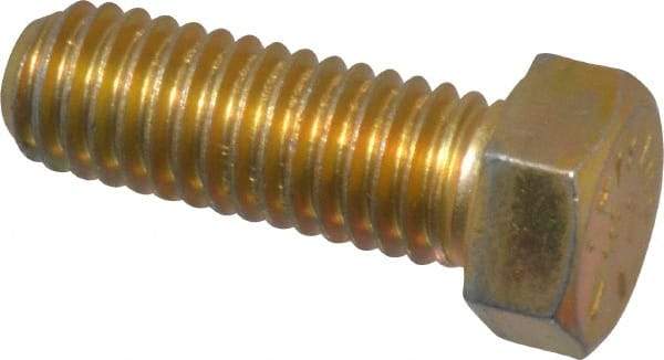 Made in USA - 7/16-14 UNC, 1-1/4" Length Under Head Hex Head Cap Screw - Fully Threaded, Grade 8 Alloy Steel, Zinc Yellow Dichromate Finish, 5/8" Hex - USA Tool & Supply