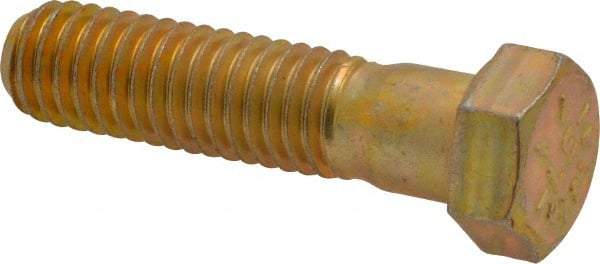 Made in USA - 7/16-14 UNC, 1-3/4" Length Under Head Hex Head Cap Screw - Partially Threaded, Grade 8 Alloy Steel, Zinc Yellow Dichromate Finish, 5/8" Hex - USA Tool & Supply