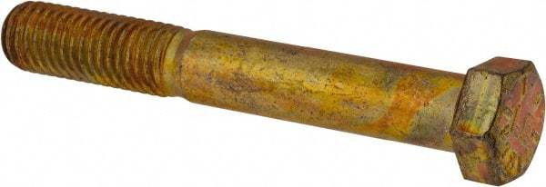 Made in USA - 9/16-12 UNC, 4" Length Under Head Hex Head Cap Screw - Partially Threaded, Grade 8 Alloy Steel, Zinc Yellow Dichromate Finish, 13/16" Hex - USA Tool & Supply
