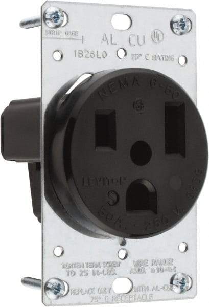 Leviton - 250 VAC, 50 Amp, 6-50P NEMA Configuration, Black, Industrial Grade, Self Grounding Single Receptacle - 1 Phase, 2 Poles, 3 Wire, Flush Mount, Tamper Resistant - USA Tool & Supply