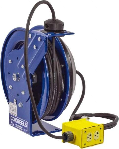 CoxReels - 12 AWG, 75' Cable Length, Cord & Cable Reel with Quad Outlet End - 4 Outlets, NEMA 5-20R, 20 Amps, 115 Volts, SJO Cable, Blue Reel, Spring Driven Reel - USA Tool & Supply